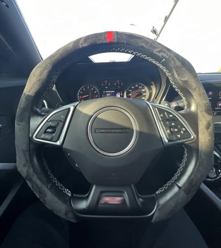 Quick Install Sporty Suede Leather Steering Wheel Cover with Red Top Trim Universal fit Any 14½" to 15" Car SUV Pickup Steering Wheel - color: Black+Top Red Line, size: Suede