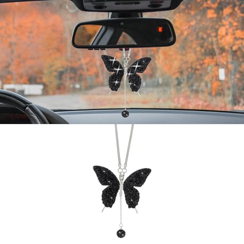Bling Butterfly Diamond Car Accessories, Crystal Car Rear View Mirror Charms for Women, Car Decoration Lucky Hanging Interior Crystal Ornament Pendant Decor for All Cars (Black) - color: Black
