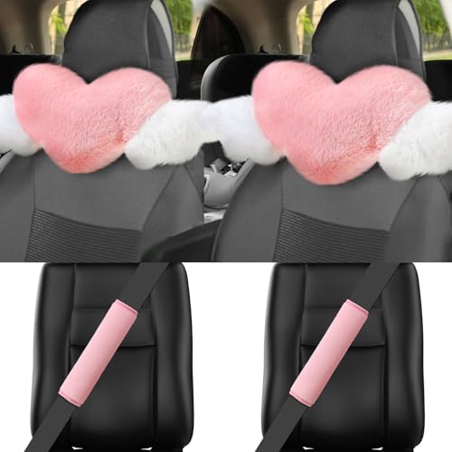 4 Pcs Car Accessories Set Include 2 Pcs Pink Heart Shaped Car Headrest Pillow with Angel Wings2 Pcs Pink Faux Fur Universal Seatbelt Cover Kawaii Soft Neck Rest Cushion for Truck SUV Decor
