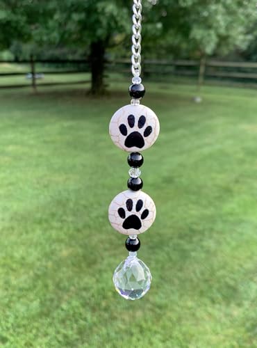 Crystal Car Charm Rear View Mirror - Animal Paw Print Sun Catcher - Handmade Dog Paw with 20mm Hanging Crystal Ball Prism - Pet Memorial Gift for Animal Lovers
