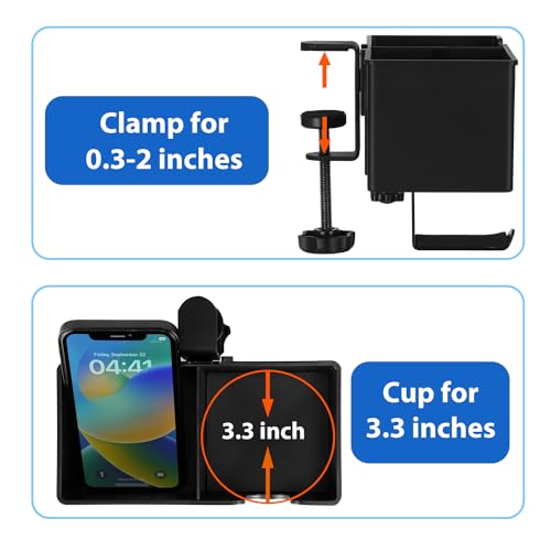Rosyline 3-in-1 Desk Cup Holder & Clip-on Cup Holder, Clip on Desk Organizer – with Anti-Spill Function, Keeps Your Coffee, Headset, Phone & Pens Within Easy Reach, for Office Desk (Black) - color: Black