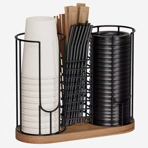 Coffee Cup Dispenser Rack with Wood Base, 18oz Cup Holder Organizer for Storing Paper Cups, Straws, Lids and Disposable Tableware(3-compartment) - color: Black 3-Compartment