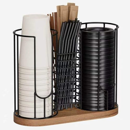Coffee Cup Dispenser Rack with Wood Base, 18oz Cup Holder Organizer for Storing Paper Cups, Straws, Lids and Disposable Tableware(3-compartment) - color: Black 3-Compartment
