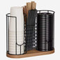 Coffee Cup Dispenser Rack with Wood Base, 18oz Cup Holder Organizer for Storing Paper Cups, Straws, Lids and Disposable Tableware(3-compartment) - color: Black 3-Compartment