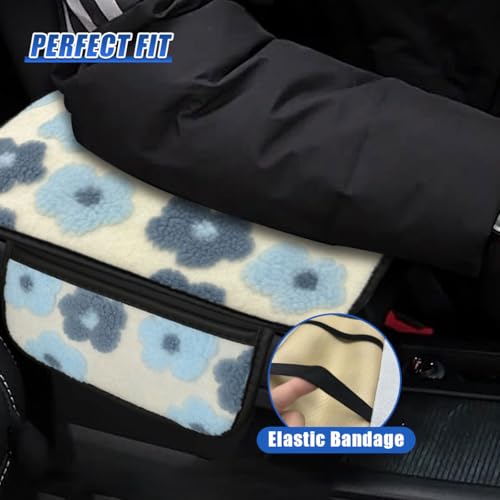 Car Center Console Cover, Soft Fluffy Car Armrest Seat Box Cushion Pad with 2 Storage Bags, Universal Vehicle Interior Protector Accessories for Most Sedans, SUVs, Trucks (Blue)