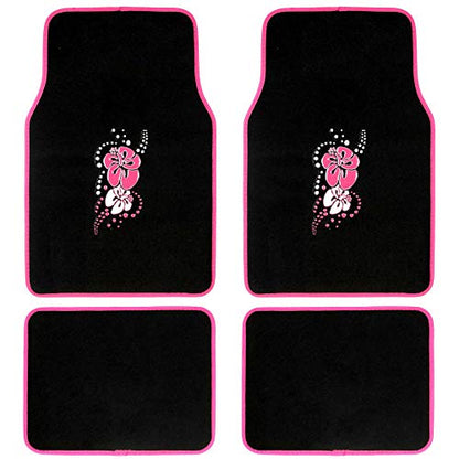BDK 4-Piece Design Carpet Floor Mat Set - (Hawaiian Flower Pink) (Licensed Products, Secure Backing) - color: Hawaiian Flower Pink