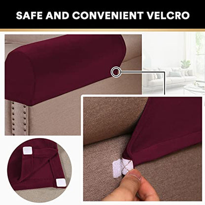 2 Pack Thick Velvet Stretch Armrest Covers for Chairs and Sofas - Non Slip Armchair Protectors, Burgundy - color: Burgundy