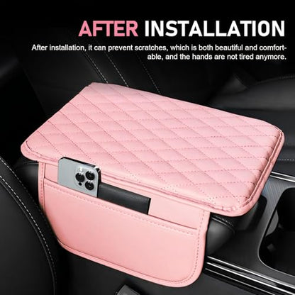 Car Middle Center Console Cover, Stylish Leather Scratch-resistant Non-slip Armrest Cover, Classic Center Console Protective Decoration with Storage Pocket, Universal for Most Vehicles (Pink)