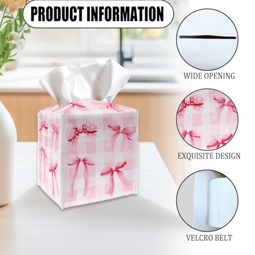 Tissue Box Cover Holder - Pink Bows Checkerboard PU Leather Tissue Box Cover with Bottom Belt, Square Facial Paper Organizer for Tabletop, Bathroom, Kitchen, Car & Office -046 - color: Pink Bows