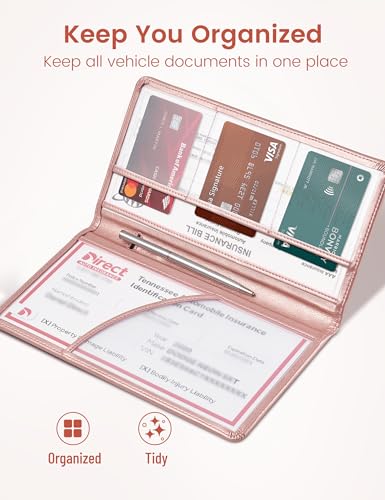 Yarnic Car Registration and Insurance Holder, Car Document Holder with Magnetic Closure, Car Wallet for Driver License, Cards and other Essential Documents (Rose Gold) - color: rosegold