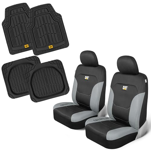 CAT Front Seat Covers for Cars (2-Pack) & 4-Piece Trim to Fit, Heavy Duty Protection, All Weather Floor Mats – Universal Fit, Waterproof Mats, Easy Install, for Trucks, SUVs, Vans, & Car Accessories - color: z-Front Seats & Mats Gray