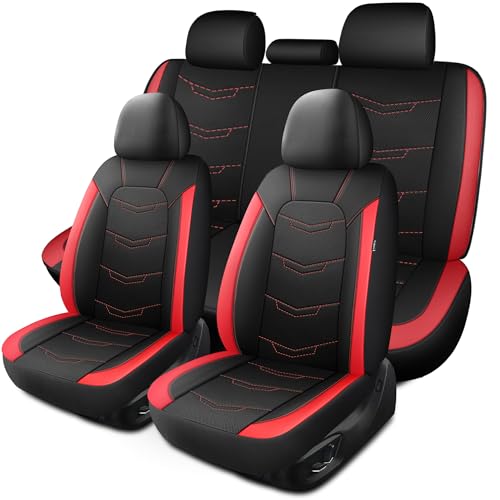 HChengkikz Car Seat Covers Full Set, Leather Seat Covers, Breathable and Sporty Car Seat Cover, Universal Fit Anti-Slip Seat Covers for SUV Cars Sedan and Truck(Full Seat, Black+Red) - color: N2 Black Red, size: Full Set