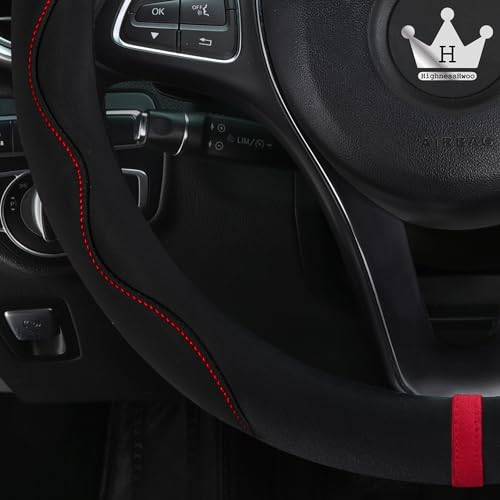 Luxury Suede Steering Wheel Cover for Cars, Soft Leather Padded Wheels Cover for Sedan, SUV, Thin Car Handle Cover, Universal Fit, Anti Slip, 14.75-15.15in, Black