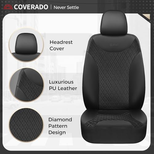 Coverado Front Seat Covers, Black Leather Car Seat Covers 2-Pack, Waterproof Car Seat Protectors, Automotive Seat Covers, Driver Seat Covers Universal Car Seat Cushions Fit for Most Sedan, SUV, Truck