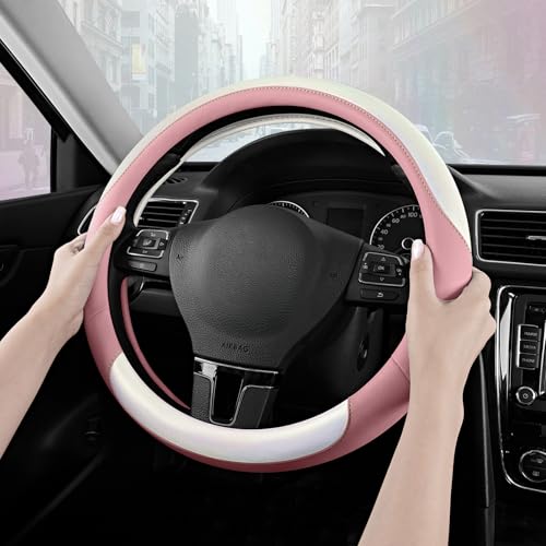 Road Comforts Steering Wheel Cover – Breathable Leather Steering Wheel Cover, Anti-Slip Grip, Universal Fit 14.5” to 15”, Heat & Cold Resistant for Cars, SUVs, and Trucks –Shining White & Pink - color: White&Pink