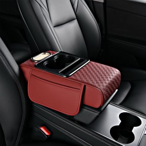 5 in 1 Car Center Console Cover, Car Armrest Cover with Cup Holder, Storage Pockets, Tissue Box Slot, Phone Holder, Car Interior Accessories (Red) - color: Red