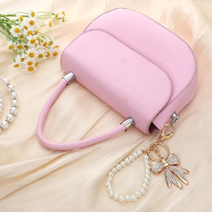 2 Pcs White Rhinestone Bowknot Keychain Imitation Pearl Chains Sparkly Bow Purse Charm Bag Charms for Handbags Purse Backpacks Handbag Charms Keychain Accessories for Women