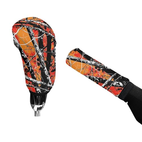Orange Camo Hunting Forest Car Accessories for Women Men Stretch Car Gear Shift Cover & Handbrake Cover Set of 2 Universal Fit for Most Cars SUV Van Truck Sedan - color: Camo Hunting Forest Orange