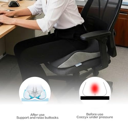 18x16 Inch Grey and Black Memory Foam Seat Cushion for Office Chair, Car Seat and Travel, Contoured Chair Pad with Removable Cover, Non-Slip Bottom and Carry Handle - color: Mesh