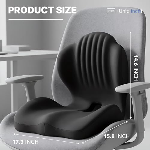 Ergonomic Seat Cushion, Office Chair Seat Cushions with L-Shaped Design, Memory Foam Orthopedic Cushion with Coccyx Hollow, Lumbar Support & Tailbone Pain Relief for Car, Truck, Gaming Chair (Black)