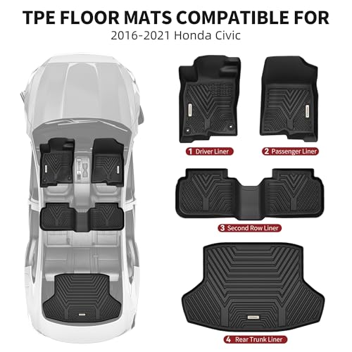 YITAMOTOR Floor Mats & Cargo Mats Fit for 2016-2021 Honda Civic Sedan (Not for Hatchback/Coupe), TPE All Weather Floor Liner for Honda Civic, 1st & 2nd Rows, Black - style: 16-21 civic 1st&2rd