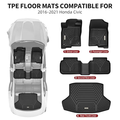 YITAMOTOR Floor Mats & Cargo Mats Fit for 2016-2021 Honda Civic Sedan (Not for Hatchback/Coupe), TPE All Weather Floor Liner for Honda Civic, 1st & 2nd Rows, Black - style: 16-21 civic 1st&2rd