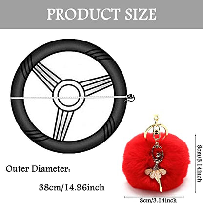 ZYNQACC 4PCS Set Fluffy Steering Wheel Covers with Handbrake Cover&Gear Shift Cover&Plush Keychain Faux Wool Furry Steering Wheel Cover for Women Auto Interior Universal Fit for 15 Inch (Red)