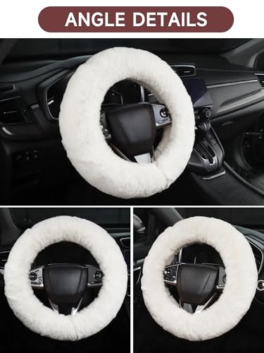 Fuzzy Fluffy Steering Wheel Cover - Warm Soft Plush Material, Universal Fit for 14-15 Inch Steering Wheels, 5 Colors - Cute Girly Car Accessory for Women, Men, Girls, Adults (White) - color: White