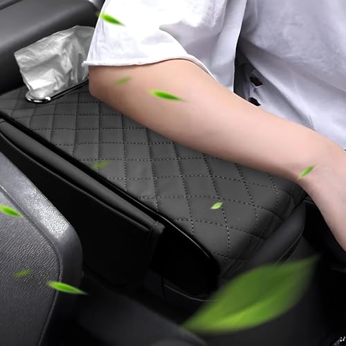 Car Center Console Cover, 13 × 7.1 × 3.0 Inch Leather Auto Armrest Cover with Pockets & Tissue Box, Waterproof Comfortable Center Console Cushion Pad for Cars Trucks SUVs (Black) - color: Black
