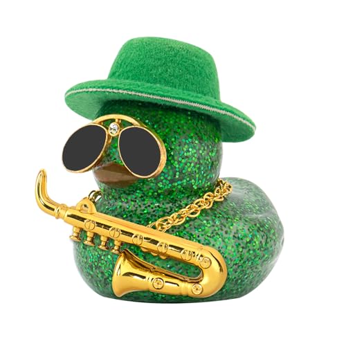 wonuu Car Decoration Saxophone Rubber Ducks, Dashboard Decor Duck Car Ornaments with Mini Top Hat Necklace Sunglasses, Dark Green - color: Dark Green, style: Glitter