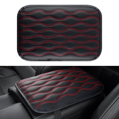 Amiss Car Center Console Cover, Upgraded Leather Car Armrest Cushion, Universal Waterproof Cushion Pad, Non-Slip Car Interior Accessories, Fits Most Sedans SUVs Trucks (Red Line) - color: red, size: Without Storage