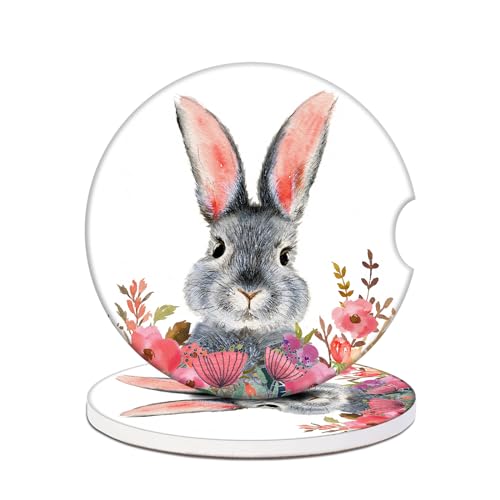 Car Cup Holders Coasters - Easter Rabbit Flower Absorbent Ceramic Coaster, Animals Drink Cup Holder Coasters, Auto Interior Accessories for Women & Men Pack of 2 - color: Easter Rabbit Flower