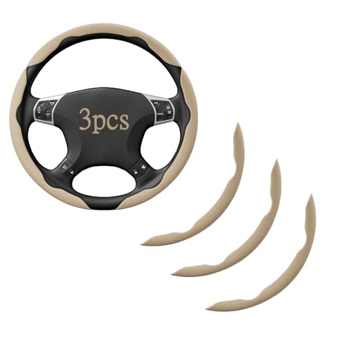 Steering Wheel Covers, 3PCs Leather Anti-Skid Clip on Car Steering Wheel Cover Protector Universal for Most Car Wheel, Beige - color: Beige