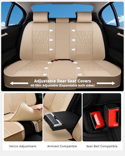 Huidasource Car Seat Covers Full Set, Leather Seat Cover Universal Fit for Most Cars Sedans SUVs Trucks, Airbag Compatible, Cup Holder Access, Easy Install, Wipes Clean, Wear-Resistant, Beige - color: A-Beige, size: 5pcs Full Set