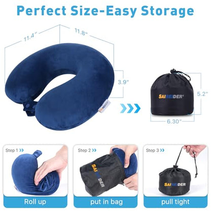 SAIREIDER Travel Pillow 100% Memory Foam Airplanes Neck Pillows -Prevent The Heads from Falling Forward Travel Neck Pillows with Sleep Mask and Earplugs (Navy Blue) - color: Navy Blue(travel Kit)