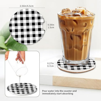 Absorbent Car Coasters 2 Pack for Women/Men,Car Coaster for Drinks,Ceramic Stone Car Cup Holder with A Finger Notch,Black White Check Checkered Plaid - color: Black White Check Checkered Plaid