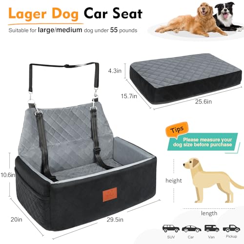 Dog Car Seat for Large Medium Dogs,Washable Pet CarSeat Under 55 lbs or 2 Small Dogs,Dog Booster Seat Travel Bed with Thick Cushion,2 Safety Leashes - color: Black/grey