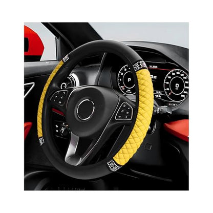 Bling Car Steering Wheel Cover, 15 Inch Sparkly Rhinestone Soft Leather Steering Wheel Protector, Non-Slip Universal Auto Elastic Steering Wheel Covers for Women Girls (Yellow) - color: Yellow