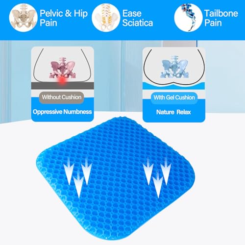 Large Gel Seat Cushion for Long Sitting with Non-Slip Cover - 18 x 17 Inches, Soft & Breathable, Gel Chair Cushion for Wheelchair, Car, Desk, Home, Hip Pain, Office Chair