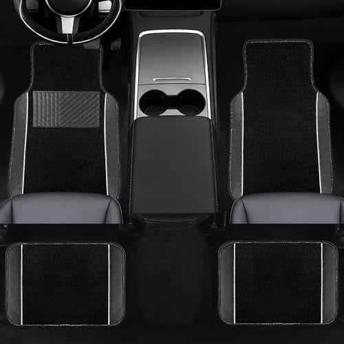 NBTEPEM Microfiber Steering Wheel Cover and Waterproof Car Floor Mats, Universal Fit Most Truck, SUV, Cars, 14.5-15inch Sporty Steering Wheel Covers with Anti-Slip Lining (Black with White line)