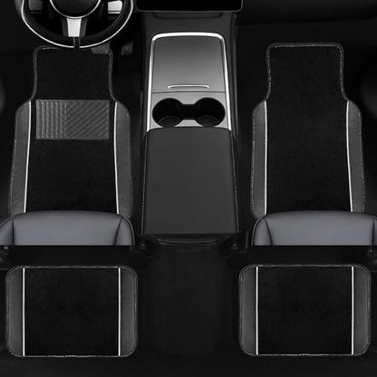 NBTEPEM Microfiber Steering Wheel Cover and Waterproof Car Floor Mats, Universal Fit Most Truck, SUV, Cars, 14.5-15inch Sporty Steering Wheel Covers with Anti-Slip Lining (Black with White line)
