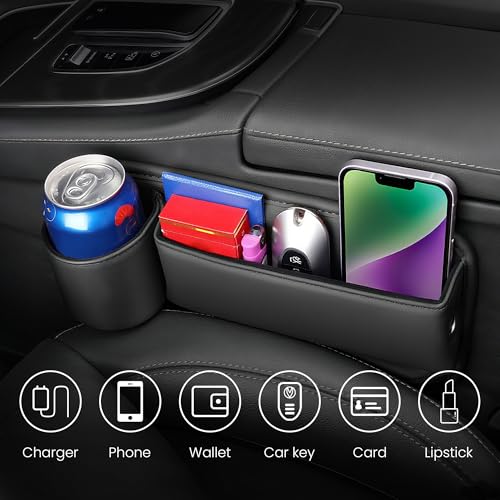 2 Packs Universal Fit Car Seat Gap Filler Organizer, Premium Leather Anti-Drop Car Side Gap Storage with Cup Holder for Phone, Keys, Sunglasses & Drinks (Black) - color: Black