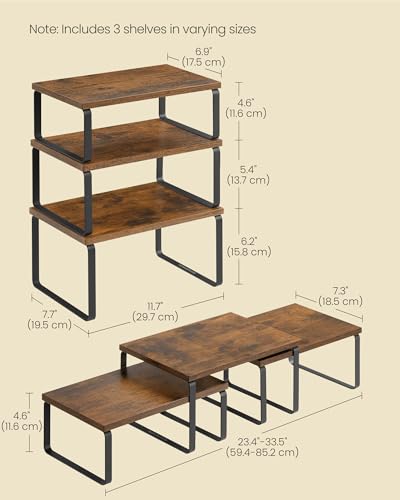 SONGMICS Cabinet Organizer Shelf, Set of 3 Kitchen Counter Shelves, Kitchen Storage, Spice Rack, Stackable, Expandable, Rustic Brown and Matte Black UKCS220K02 - color: Rustic Brown + Matte Black
