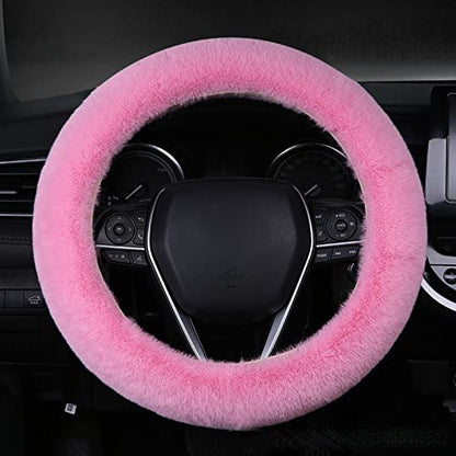 6pcs in 1 Set Fluffy Faux Wool Steering Wheel Cover & Soft Handbrake Cover & Gear Shift Cover & 2pcs Seat Belt Shoulder Pads & Center Console Cover Warm Universal Fit (Pink) - color: Pink