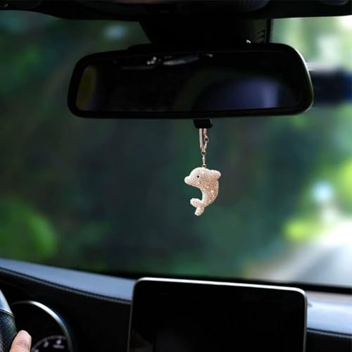 Bling Dolphin Car Hanging Ornament, Cute Crystal Rear View Mirror Pendant, Diamond Rearview Mirror Charms, Lucky Car Interior Decor Accessories (White)