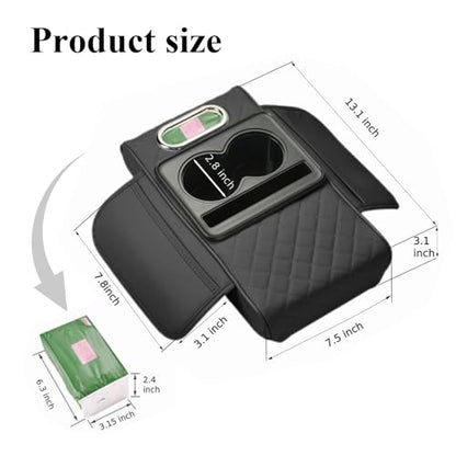 Car Armrest Cover With Cup Holder, Premium Leather Car Armrest Cushion And Tissue Box, Stable Car Center Console Organizer For Drinks, Phone And Small Accessories