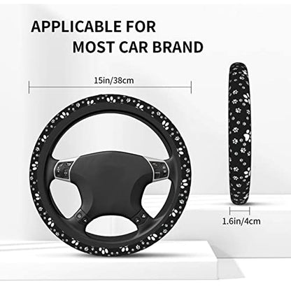Paw Print Steering Wheel Cover for Women Men with 2 Pcs Car Coasters, Universal 14.5-15 Inch Cute Steering Wheel Covers Non-Slip Car Accessories for Girls - color: paw print