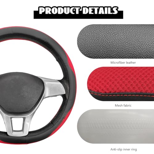 Microfiber Leather Steering Wheel Cover, Breathable Steering Wheel Protector with Anti-Slip Inner Ring, Universal 14.5"-15" Car Wheel Cover Auto Interior Decor for Men Women (Red) - color: Red