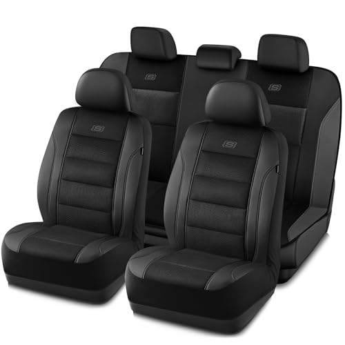 Skechers Aircooled & Memory Foam Seat Covers,Premium Leather with EVA Mesh Car Seat Covers,Seat Cover Full Sets,Airbag Compatible Automotive Comfort for Most Cars, Vans, Trucks, SUV,Black - color: Black/Black, size: Full Set