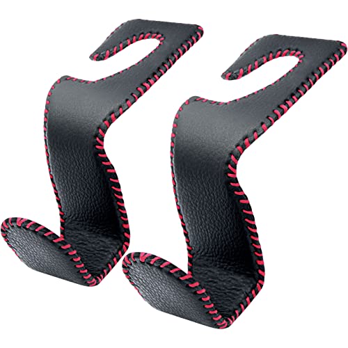 Car Seat Hooks for Purses and Bags, 2 Pack Car Purse Holder for Grocery Bag Handbag Clothes, Metal Headrest Hooks Covered by Leather, Black Red - color: Black Red, size: 2